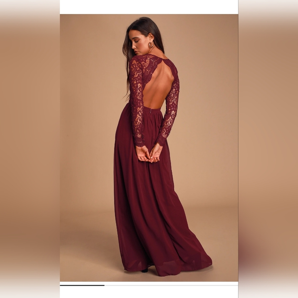 Lulu's Red Backless Bustier Gown with Bishop Sleeves